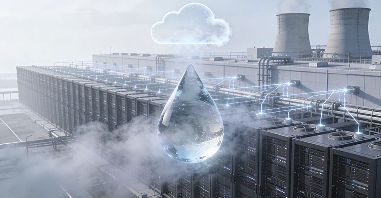 Data center industrial com servidores e torres de resfriamento, gota d’água e linhas de energia representando o consumo de água e eletricidade da inteligência artificial.